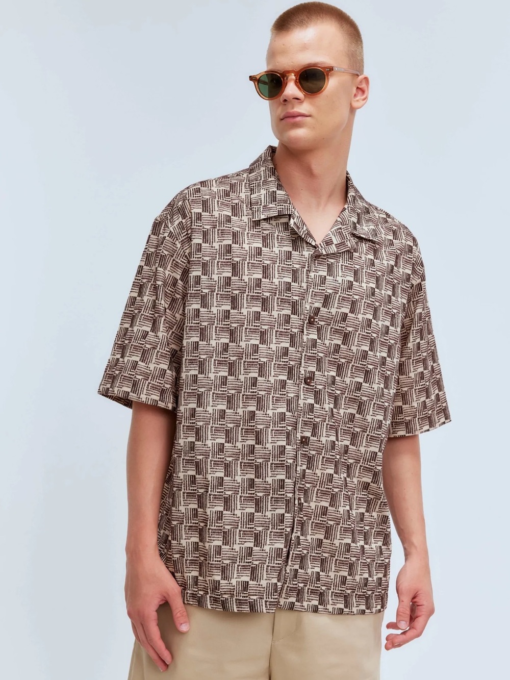 New! Short-Sleeve Geometric Print Camp Shirt in Brown